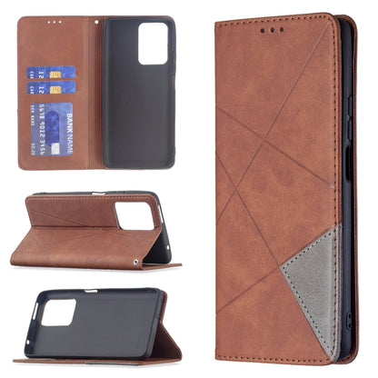 Brown folio phone case with rhombus texture, card holder window, and magnetic flip