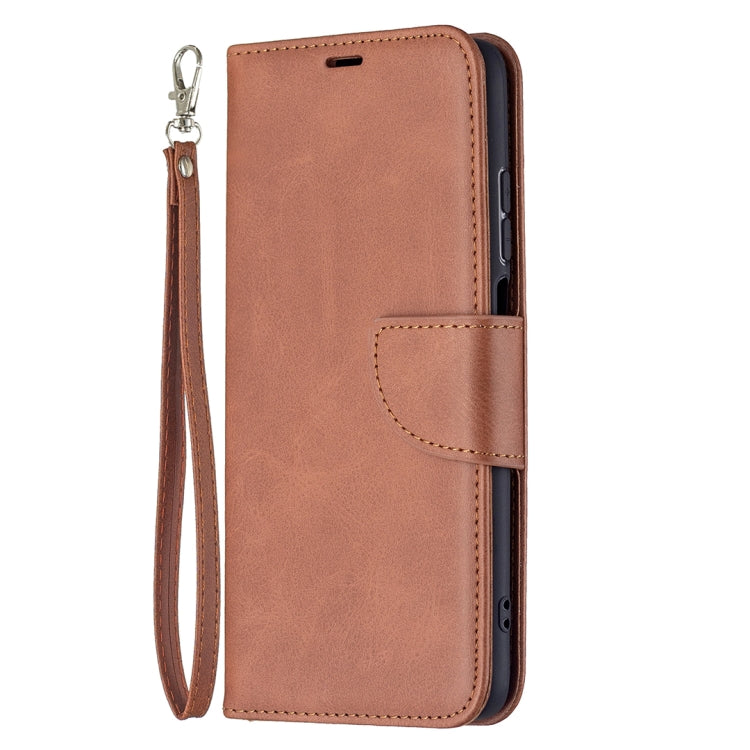 Brown flip phone wallet case with lanyard wrist strap and side cutouts, PU leather