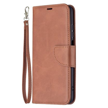 Brown flip phone wallet case with lanyard wrist strap and side cutouts, PU leather