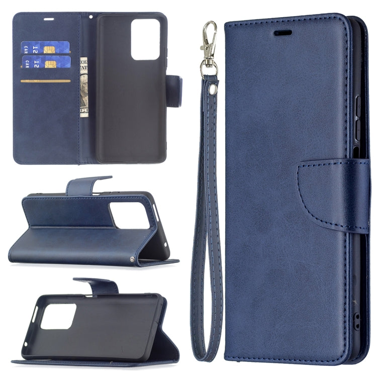 Navy blue flip wallet phone case with stand, card slots, and wrist lanyard