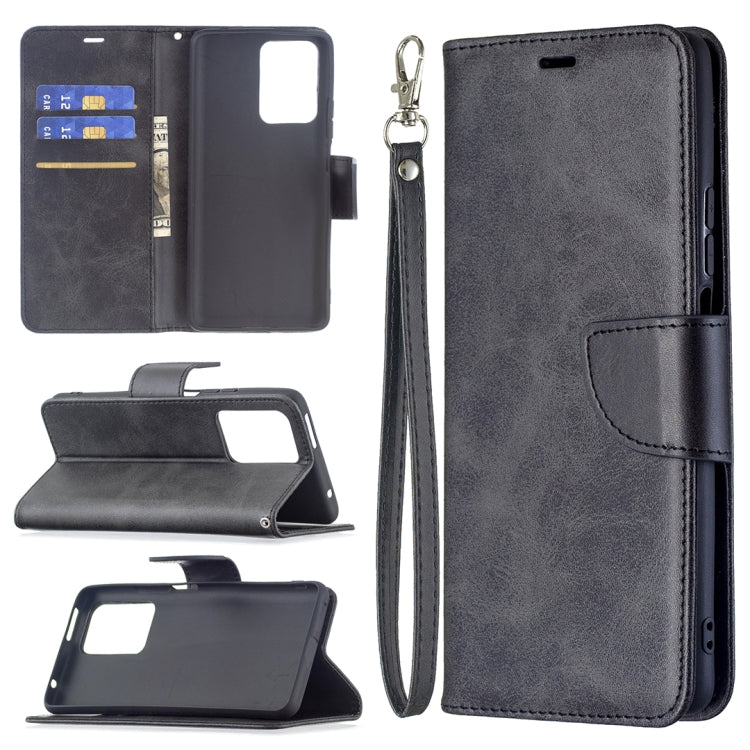 Dark gray flip wallet phone case with card slots and wrist lanyard, side view