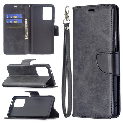 Dark gray flip wallet phone case with card slots and wrist lanyard, side view