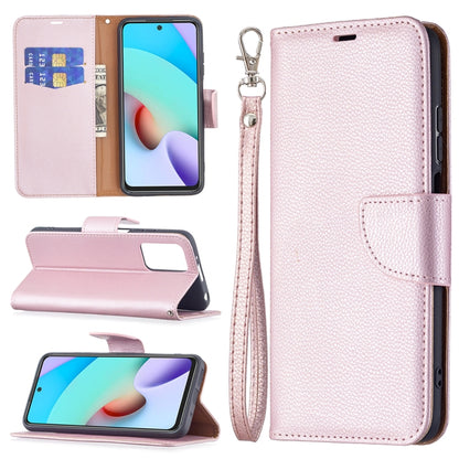 Rose gold PU leather flip phone wallet case with lanyard and card slots, Redmi 10