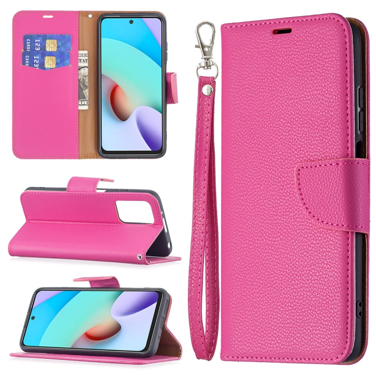 Rose pink litchi-texture flip phone case with card slots, wallet folio, and wrist strap