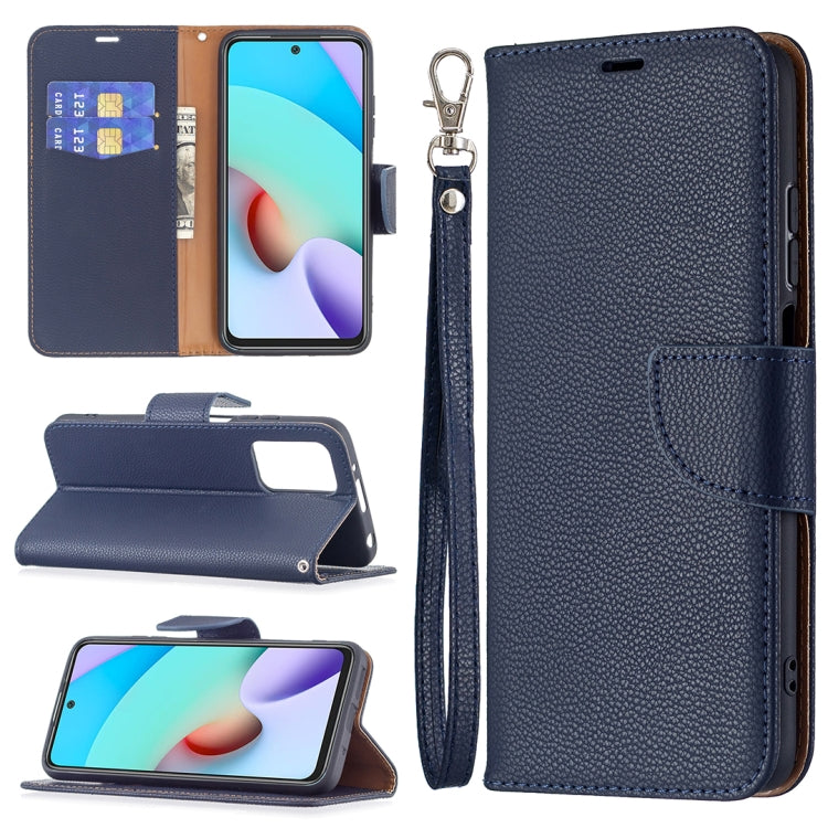 Dark blue litchi-texture flip phone case with card slots, wallet folio, and wrist strap
