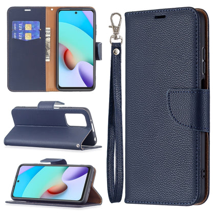 Dark blue litchi-texture flip phone case with card slots, wallet folio, and wrist strap