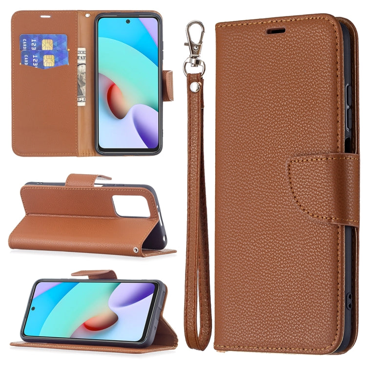 Brown litchi-texture flip phone case with card slots, wallet folio, and wrist strap