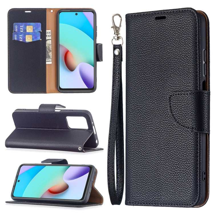 Black litchi-texture flip phone case with card slots, wallet folio, and wrist strap