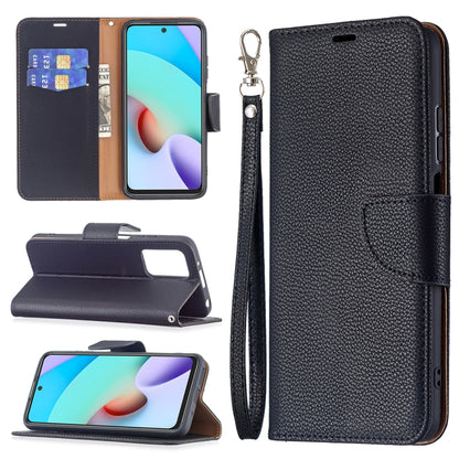 Black litchi-texture flip phone case with card slots, wallet folio, and wrist strap