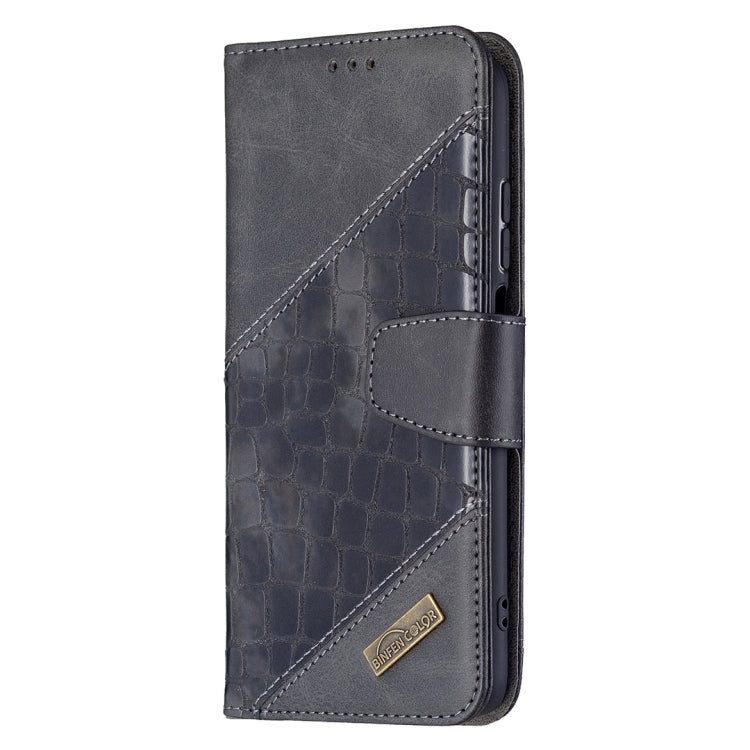 Dark gray crocodile-texture flip phone case with built-in wallet and card slots