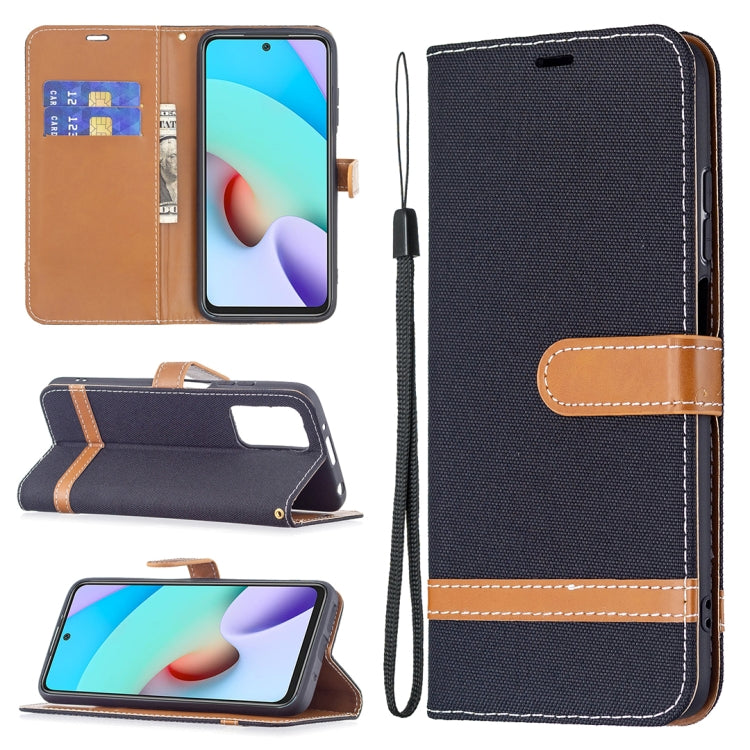 Denim texture phone wallet case with lanyard, card slots, and flip stand; dark blue with tan trim