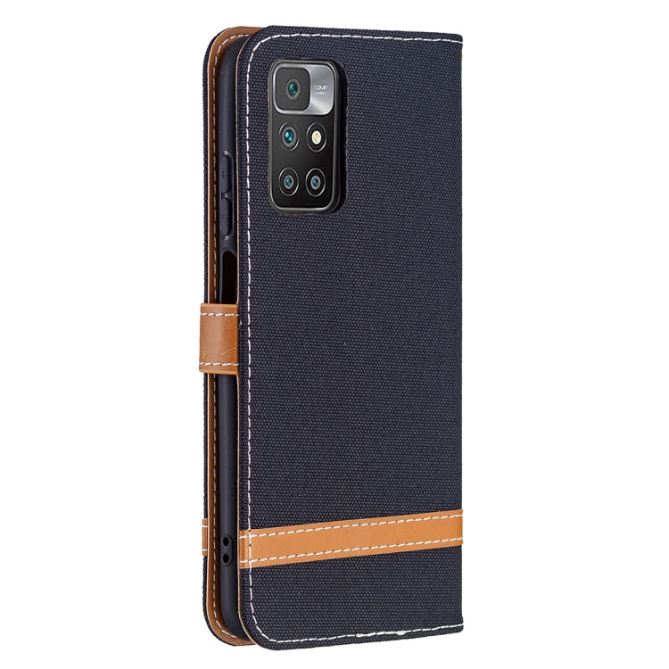 Denim texture phone wallet case with camera cutout and tan band; dark blue