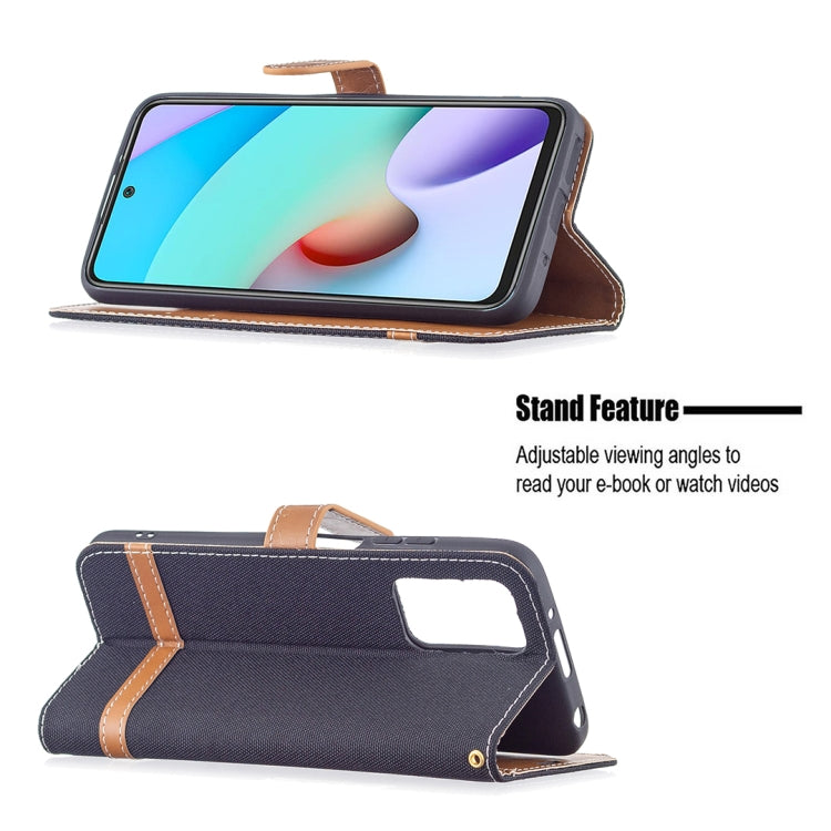 Denim texture flip wallet case with viewing stand; dark blue with tan accents