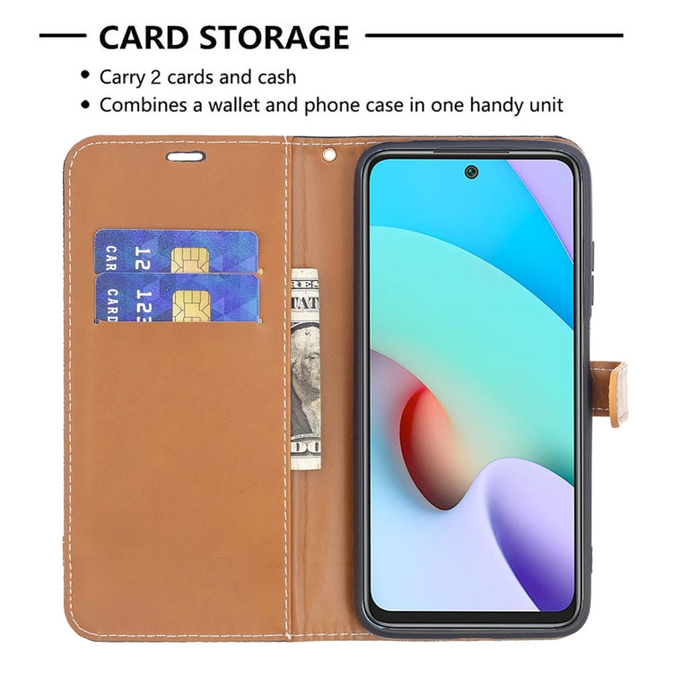 Denim texture phone wallet case with card slots; light tan/brown leather trim