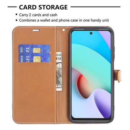 Denim texture phone wallet case with card slots; light tan/brown leather trim