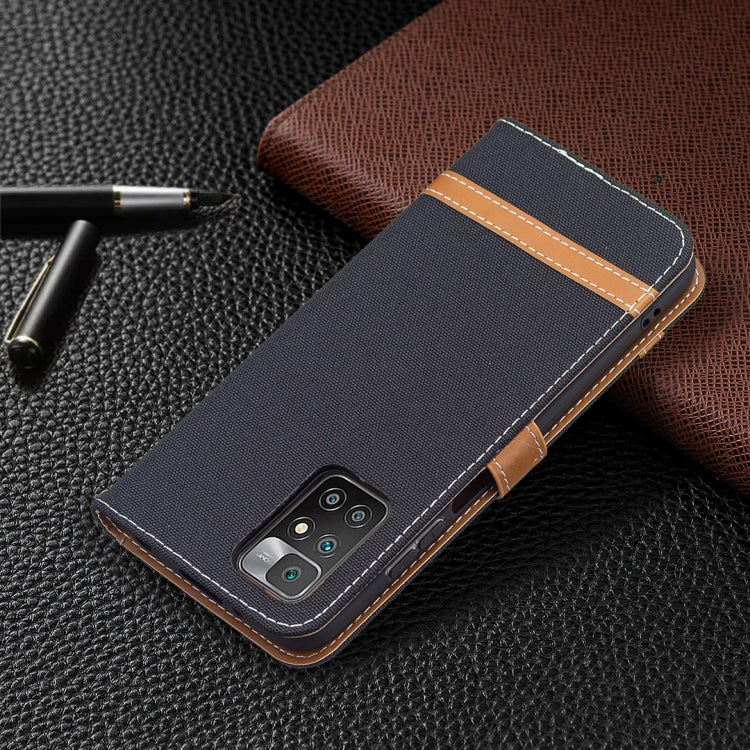 Denim texture wallet phone case with camera cutout and tan stitched trim; dark blue