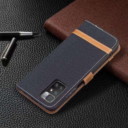 Denim texture wallet phone case with camera cutout and tan stitched trim; dark blue