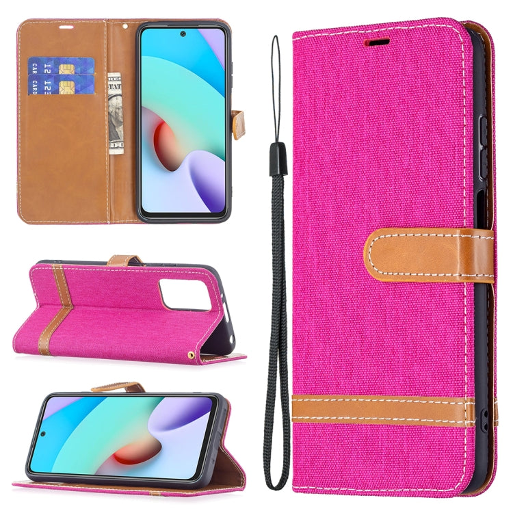Denim texture phone wallet case with lanyard and card slots; bright pink with tan trim