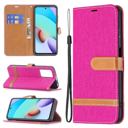 Denim texture phone wallet case with lanyard and card slots; bright pink with tan trim