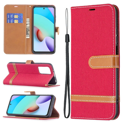Denim texture phone wallet case with lanyard and card slots; red with tan stitched trim