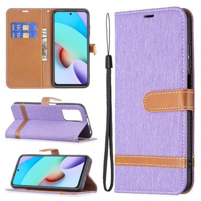 Purple denim-texture leather phone wallet case with card slots and wrist lanyard
