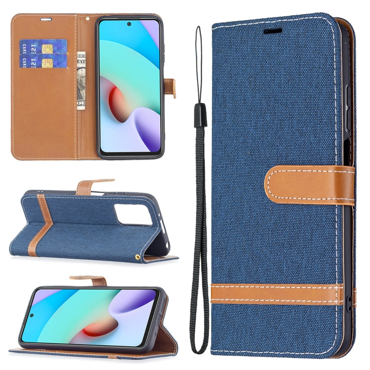 Blue denim-texture leather phone wallet case with card slots and wrist lanyard