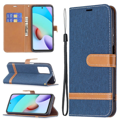 Blue denim-texture leather phone wallet case with card slots and wrist lanyard
