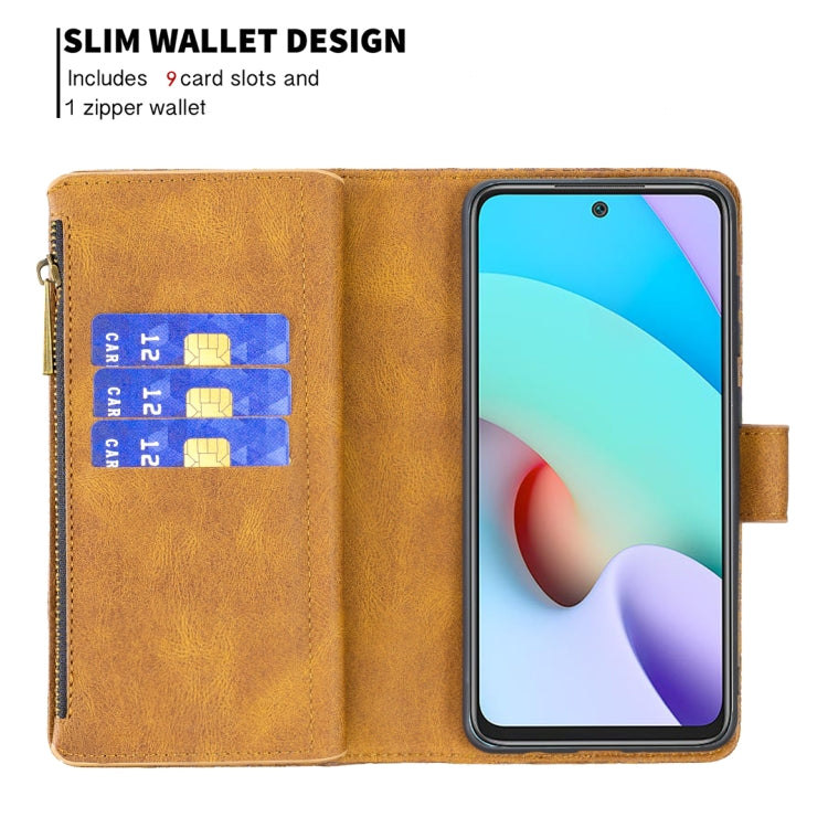 Brown zipper phone wallet case with card slots and fold-open window for phone