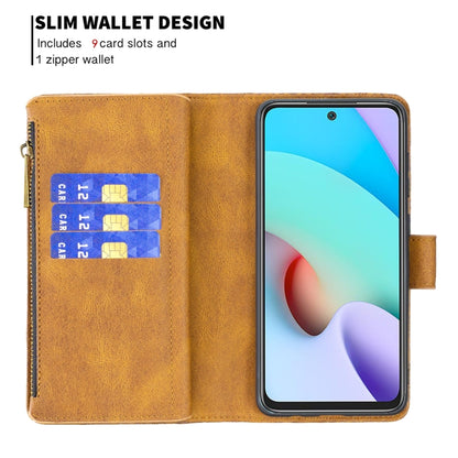 Brown zipper phone wallet case with card slots and fold-open window for phone