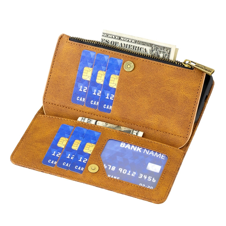 Brown zipper phone wallet case with multiple card slots and money compartment
