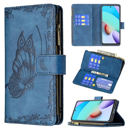 Blue faux leather phone wallet case with embossed butterfly, zipper, and card slots