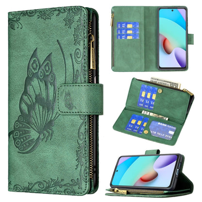 Green embossed butterfly leather phone wallet case with zipper, flip cover, card slots