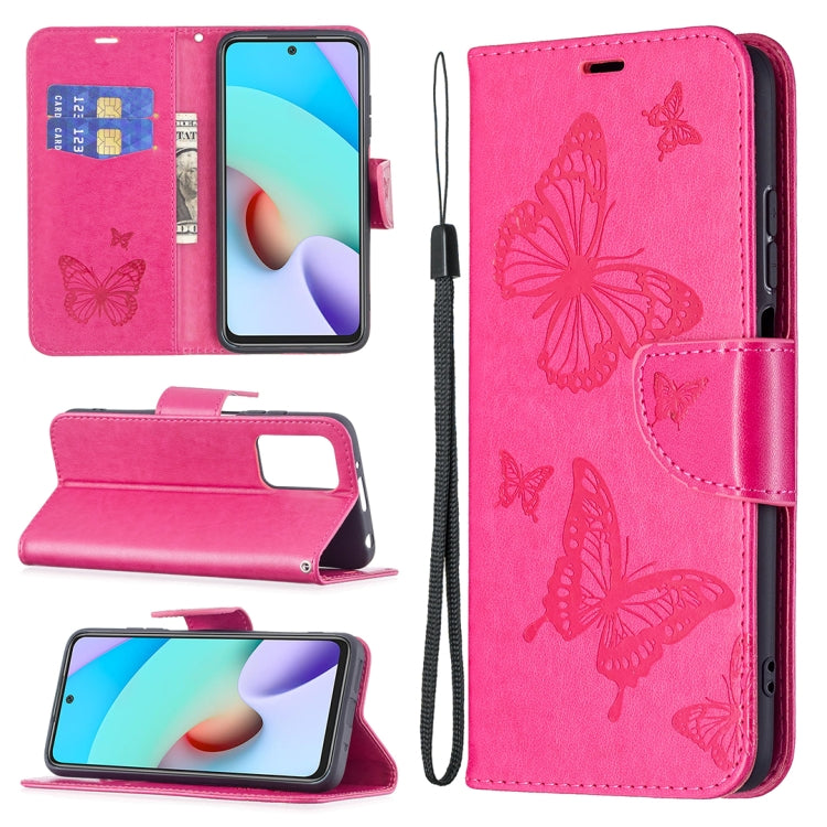 Pink leather flip phone wallet case with butterfly embossing, card slot, and lanyard.