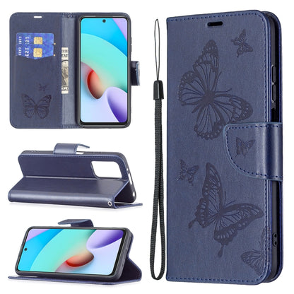 Dark blue leather flip phone wallet case with butterfly embossing, card slot, and lanyard.