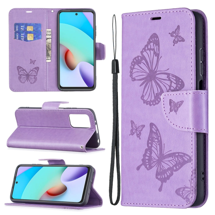 Purple embossed butterfly leather wallet case with card slot and lanyard for Redmi 10