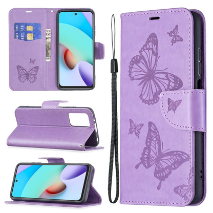 Purple embossed butterfly leather wallet case with card slot and lanyard for Redmi 10
