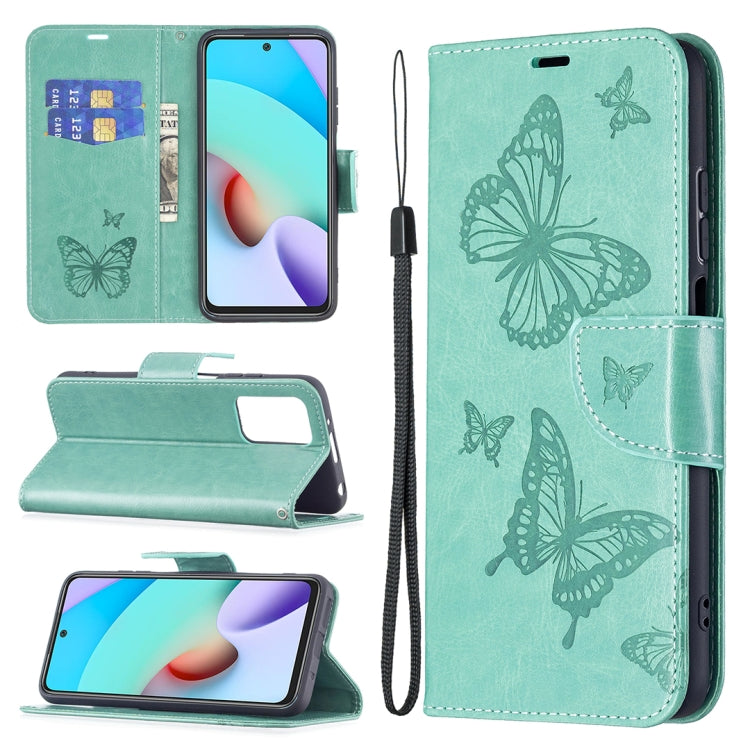 Greenish teal embossed butterfly leather wallet case with card slot and lanyard for Redmi 10