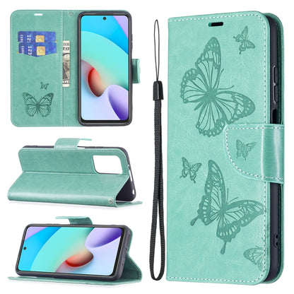 Greenish teal embossed butterfly leather wallet case with card slot and lanyard for Redmi 10