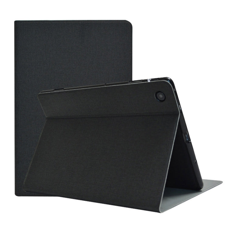 Black PU leather tablet case with flip cover, tablet positioned in standing mode