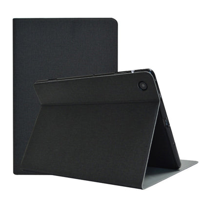 Black PU leather tablet case with flip cover, tablet positioned in standing mode