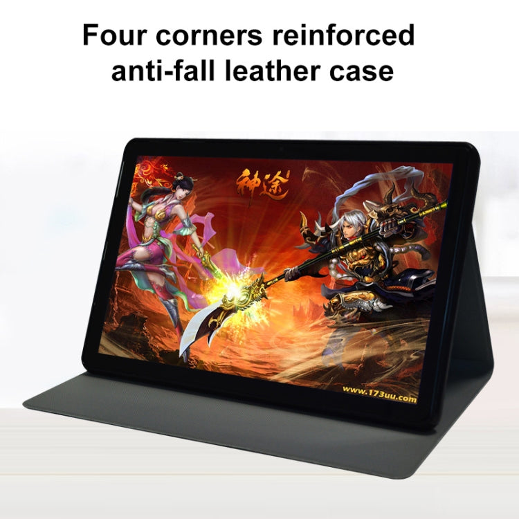 PU leather tablet case with reinforced corners and horizontal stand, tablet screen shown