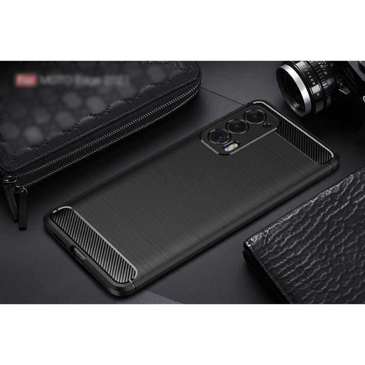 Brushed carbon fiber TPU phone case for Moto Edge 2021, showing textured back and camera openings