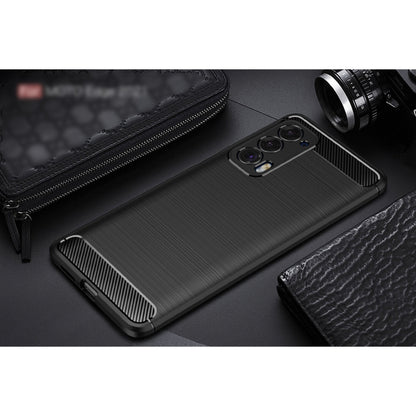 Brushed carbon fiber TPU phone case for Moto Edge 2021, showing textured back and camera openings
