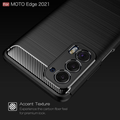 Brushed carbon fiber TPU case corner detail with raised bezel and textured camera area