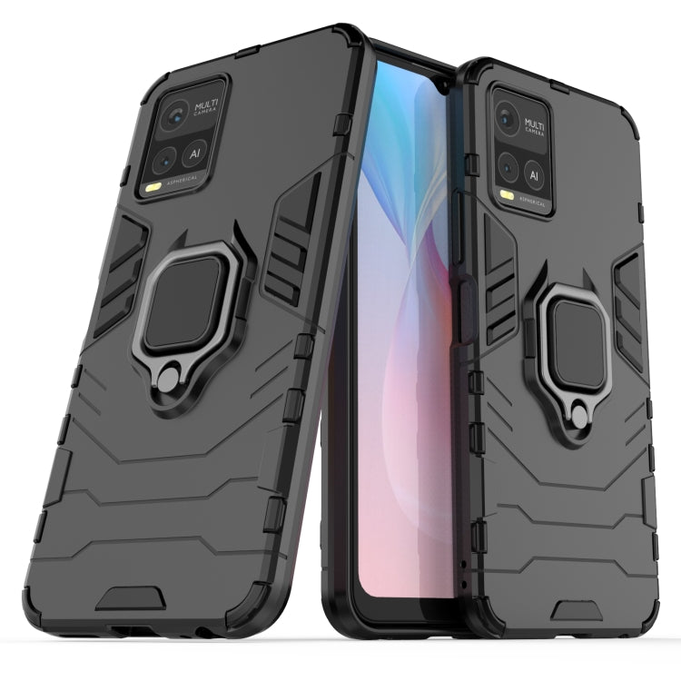 Black shockproof phone case with magnetic ring holder, rugged TPU/PC armor shell