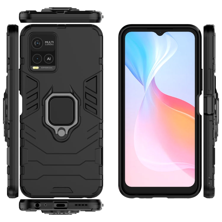 Rugged black phone case with magnetic ring holder and port covers, shockproof TPU/PC