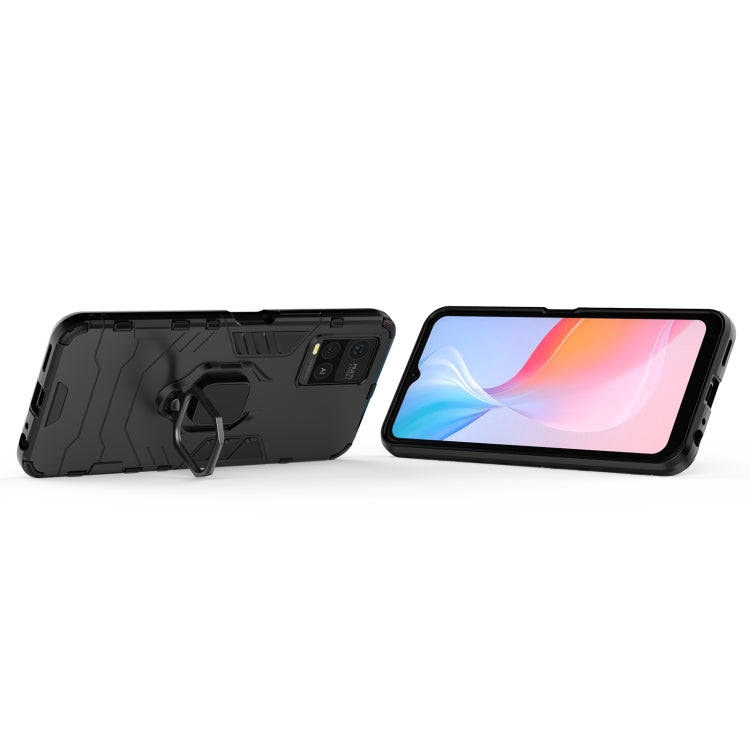 Black shockproof phone case with magnetic ring holder, back panel and side profile