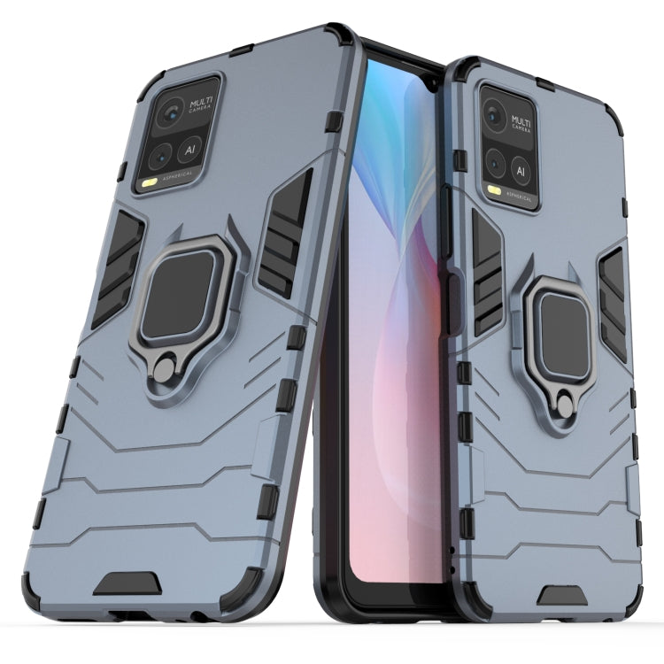 Navy blue shockproof phone case with magnetic ring holder, rugged TPU/PC protection