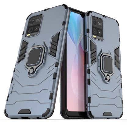 Navy blue shockproof phone case with magnetic ring holder, rugged TPU/PC protection