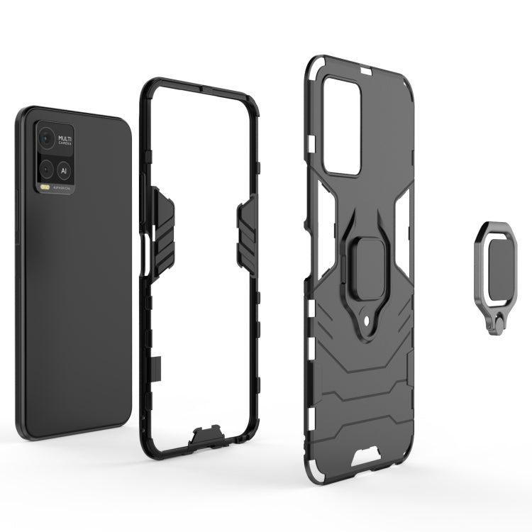 Black shockproof phone case set: back, frame, and magnetic ring holder accessory